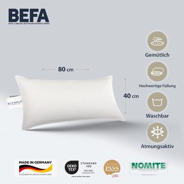 Подушка BEFA NATUR 40x80 см, 3-камерна, 90% пух, 10% перо, для алергіків, сертифікат Öko-Tex 100, Downpass, Німеччина (2 шт.)
