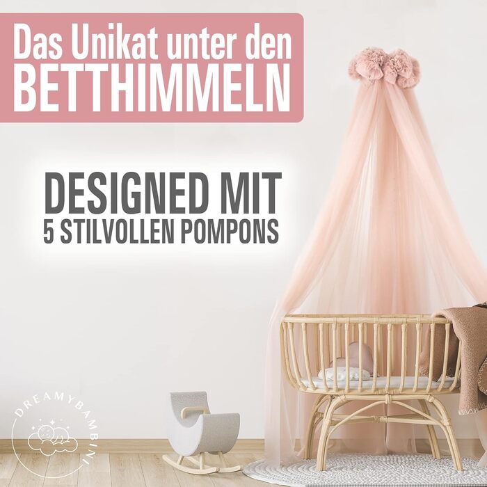 DREAMYBAMBINI Fairytale Canopy for Baby Crib, Princess Baby Bassinet, Co-Sleeper Baby Bed, Mosquito Net, Nursery Decor, Children's Room Canopy 170x960 cm (Cream-Beige with pink accents) Cream-Beige (with pink accents)