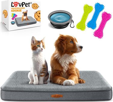 Lovpet® Orthopedic Dog Bed, Dog Cushion, Dog Basket Cookie, Incl. Bowl + 3X Chew Bones, Dog Sofa for Small, Medium & Large Dogs, Removable and Washable Cover, L 91x69x7.6 cm Anthracite