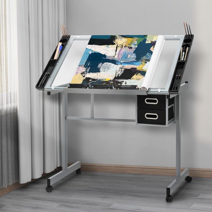 Adjustable Art Desk with Storage - Tiltable Drafting Table with Wheels - Multi-Purpose Craft Station
