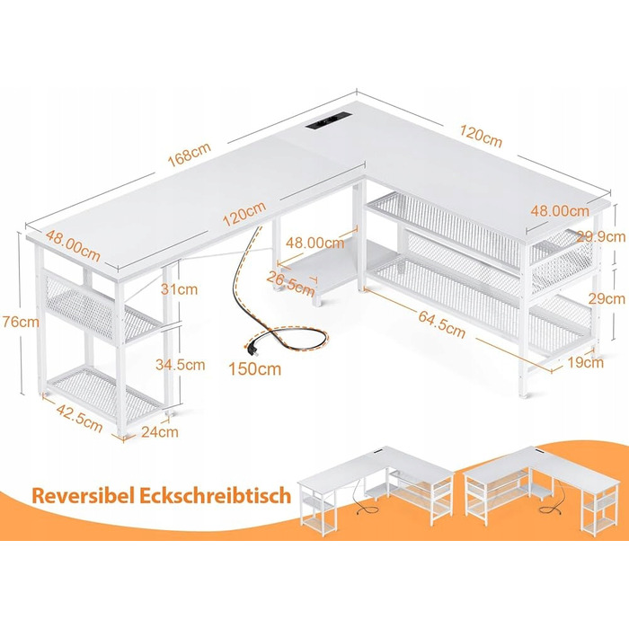 Кутовий ігровий комп'ютерний стіл 168x120 см, білий, з подовжувачем