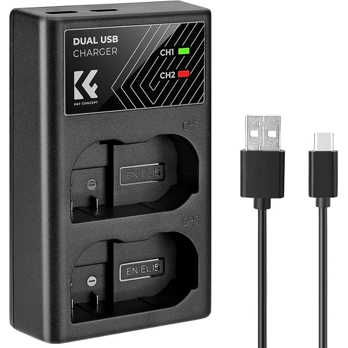 Зарядний пристрій для акумулятора Nikon EN-EL15/EN-EL15a/EN-EL15b з подвійним слотом K&F CONCEPT, Micro USB та Type-C, швидка зарядка для Nikon D7000, D7100, D7200, D750, D850, D810, D800, D800E, D610, D600, D500
