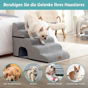 Dog stairs for small dogs, pet stairs for loft beds made of high-density sponge, dog stairs/ramp with washable cover (gray, 83x50x57cm-hole, 5.0)