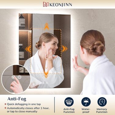 Дзеркало для ванної кімнати Keonjinn з підсвічуванням 60 см, антизапарюючий, з сенсорним вимикачем, пам'ять, 3 кольори світла, регульована яскравість, LED, без рами, прямокутне (90x90 см)