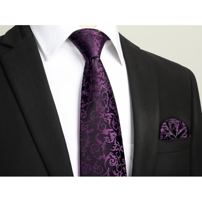 Кравка для чоловіків HISDERN: весільний комплект з краваткою та нагрудною хустинкою в павловій візерунку (фіолетовий)
