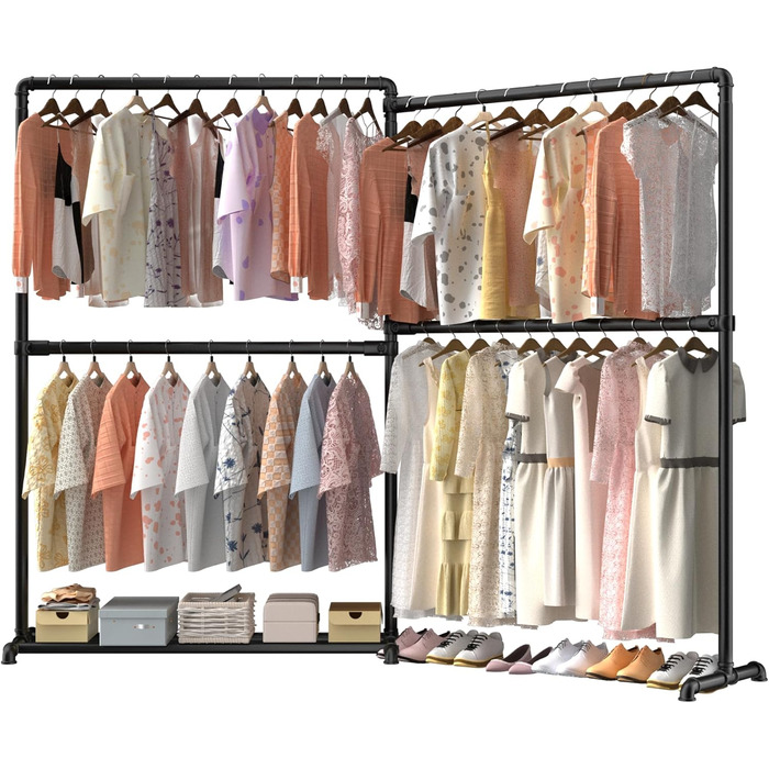 Міцна вішалка для одягу LOEFME з обертовими бічними панелями, металева стійка для одягу з полицею для зберігання, чорного кольору, 150 кг вантажопідйомність