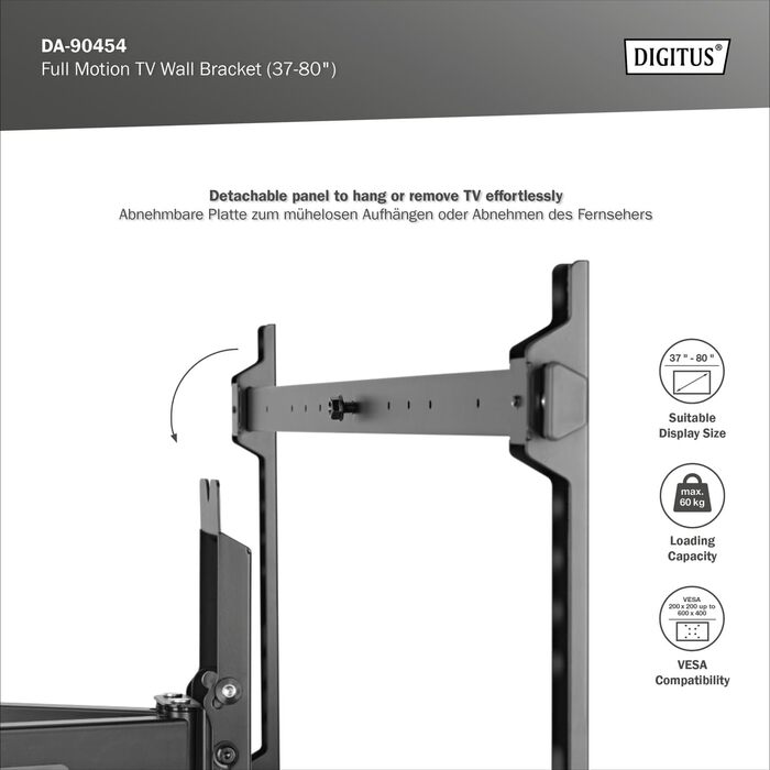 Настінне кріплення для телевізора DIGITUS до 42 дюймів, поворотне 180°, навантаження до 30 кг, чорне