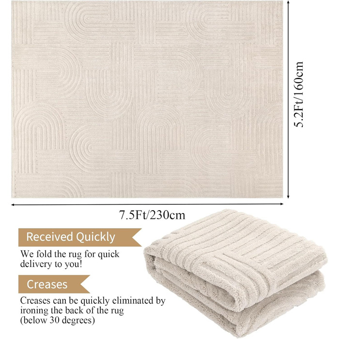 Килим для вітальні 160x230 см, великий пухнастий з коротким ворсом, миючий, сучасний, з 3D ефектом, неслизький, для їдальні, кухні, спальні, бежевий