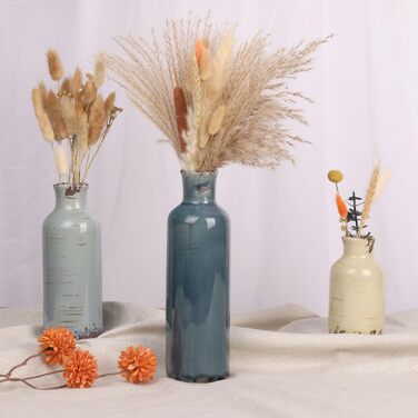 Набір керамічних ваз у 3 штуках, кольоровий, стиль кантрі, рустикальний, для декору полиці, столу, каміна, вітальні, кухні, прихожого. Кольори: сірий, блакитний, бежевий