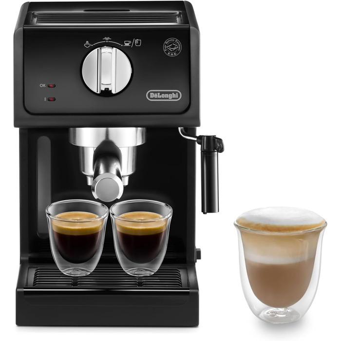 De'Longhi ECP 31.21 – Espresso Portafilter Machine, Espresso Machine with Aluminum Finish, including manual milk frother, with hot water function, suitable for ESE pods, 1.1 l water tank, black