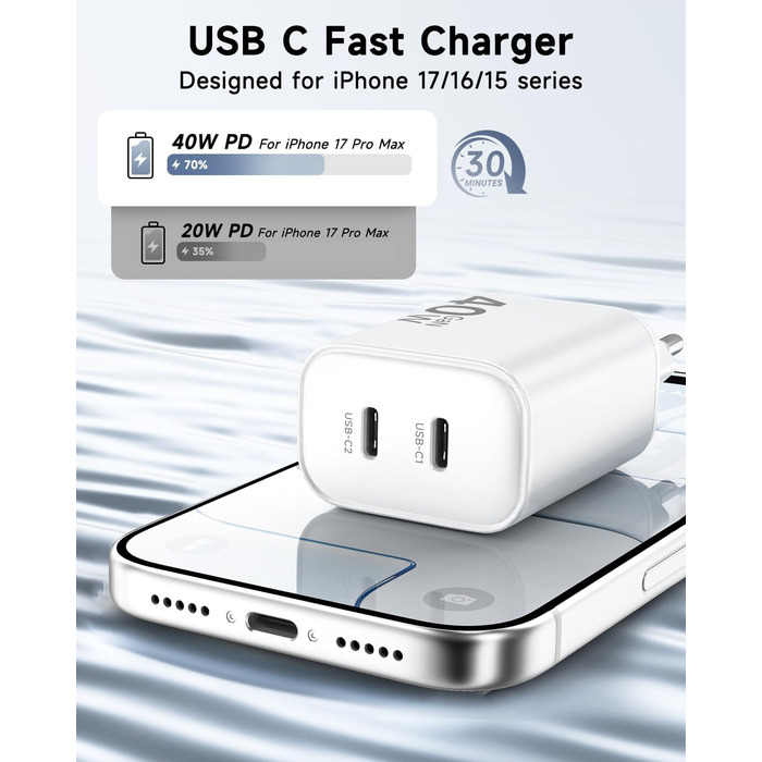 Зарядний пристрій USB-C 40W 2Port для iPhone 17 Pro Max/Pro/15 Plus, iPad Pro/Air, кабель 2м Orange