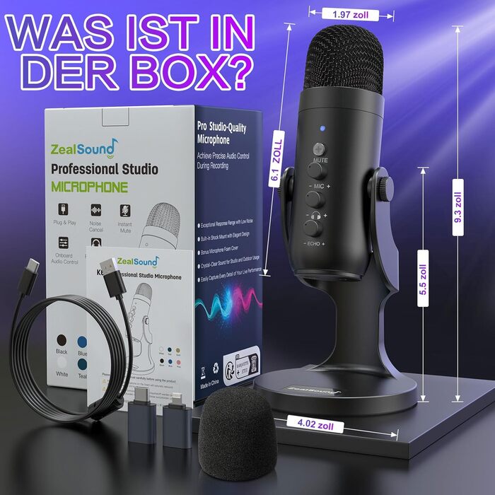 USB мікрофон Zealsound: конденсаторний мікрофон для ПК, телефону, PS4, PS5. Ідеально для геймінгу, подкастів, запису звуку, стрімінгу та ASMR. З регулюванням гучності та ефектом ехо. Сумісний з Mac, Windows. Чорний колір.