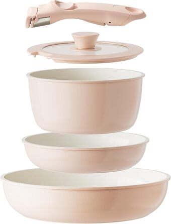 Redchef Ceramic Cookware Set with Detachable Handle, RV Cookware Set for Camping, Ceramic Non-Toxic Pot and Pan Set, PTFE-free, PFAS-free, PFOA-free, Space-Saving, Dishwasher-Safe (5-Piece Pink)