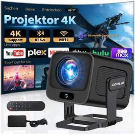 Портативний проєктор Mini Beamer 4K з WiFi 6, Bluetooth 5.4, автоматичною корекцією трапецеїдальних спотворень, обертання 270°, підтримка USB/Laptop, з пультом ДУ та мишкою, білий (Black-1)