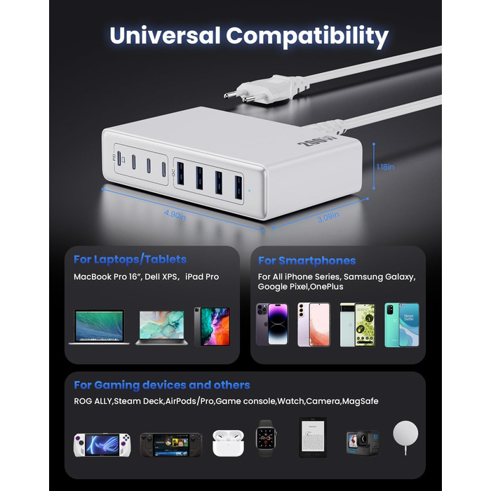Мережевий адаптер USB-C 200W 8-в-1 GaN III з підтримкою QC4.0, PPS, PD 65W для MacBook Pro/Air, iPad, iPhone, Samsung, Steam Deck