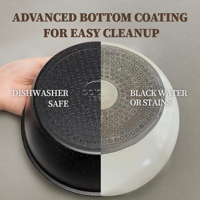 Набір посуду керамічний 23 предмети з антипригарним покриттям та знімними ручками, чорний. Підходить для всіх типів плит, включаючи індукційні. Сковороди 20/26 см, каструля 18 см, сотейник 24 см, жароміцний.