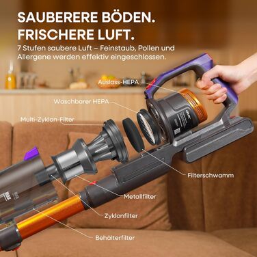 Бездротовий акумуляторний пилосос KIPMAX 50000Pa, 550W, 70 хвилин, 1.5L, з дисплеєм, антизаплутана щітка, 7-шаровий фільтр, 2 арома-пластини, для килимів, шерсті тварин, твердих поверхонь, золотий