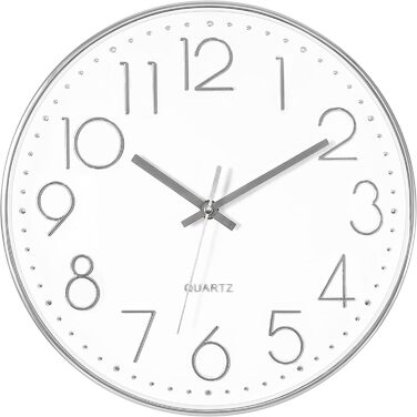 Foxtop Wall Clock Radio-Controlled Wall Clock 30 cm Silent & No Ticking Large Dial Analog Without Ticking For Kitchen, Living Room, Bathroom DCF Radio Signal Modern Design White-Gray (White-Silver)