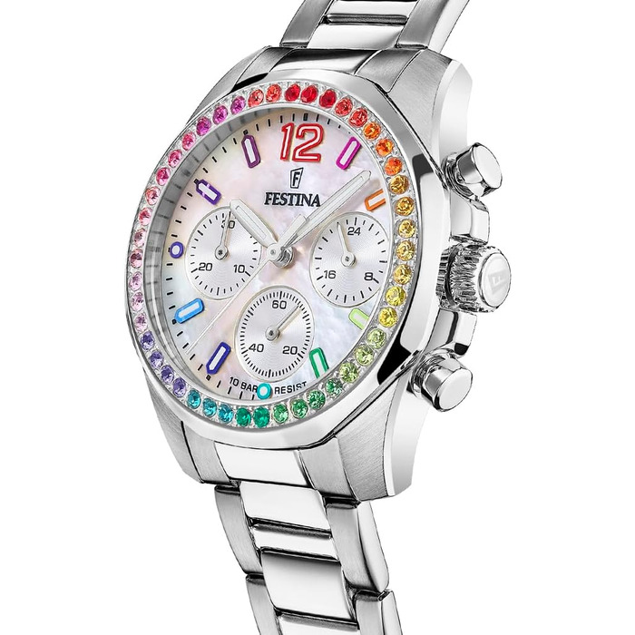 Жіночий кварцовий годинник Festina Boyfriend Chronograph F20606/2, сталь 316L, сріблястий, водонепроникність 10 ATM