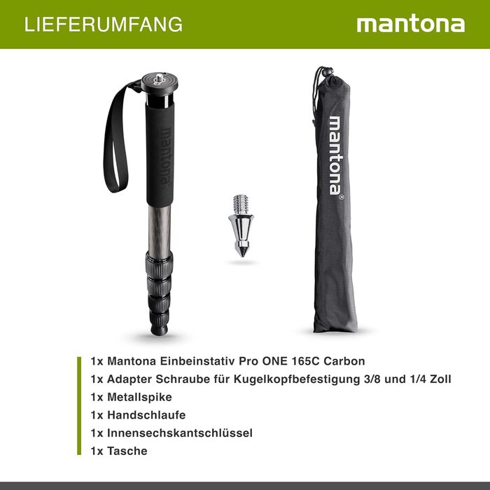 Штатив Mantona Pro One одноногий, карбоновий, чорний - регулювання висоти 39-144 см, з аксесуарами