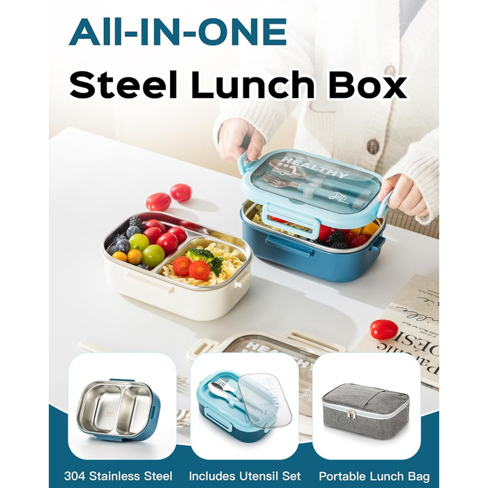 Ланчбокс Lille Home Bento з нержавіючої сталі, 850 мл, 2 відділення, витікання, з сумкою та столовими приборами, BPA-free (Світло-блакитний)