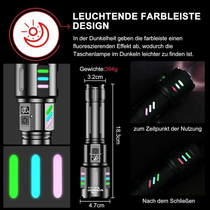 Ліхтар LED акумуляторний тактичний, 500000 люмен, 5 режимів, плавне регулювання яскравості, для кемпінгу та надзвичайних ситуацій, чорний