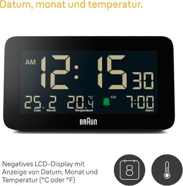 Braun Digital Alarm Clock with Date, Month, and Temperature Display, Negative LCD Display, Quick Set Function, and Gradual Alarm Sound in Black, Model BC10B.
