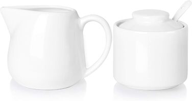 Porcelain sugar bowl and cream pitcher set, 3 pieces, spoon, sugar bowl with lid, cream-colored (white)