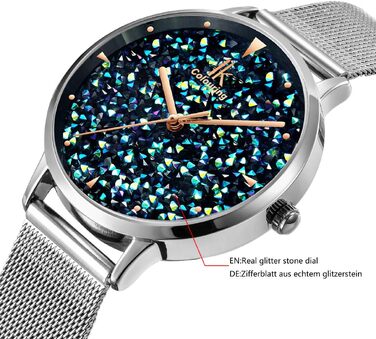 Жіночий кварцовий годинник Alienwork IK Shine з блискітками та сталевим міллеза-браслетом (Сріблястий/Синій/Чорний)