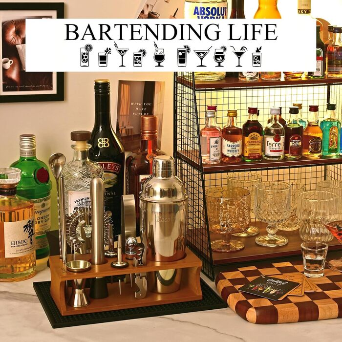 Cocktail Shaker Set with Bamboo Stand & Recipe Book - 750ml Stainless Steel Bar Set with 17-Piece Cocktail Mixing Kit - Bartender Gift for Women