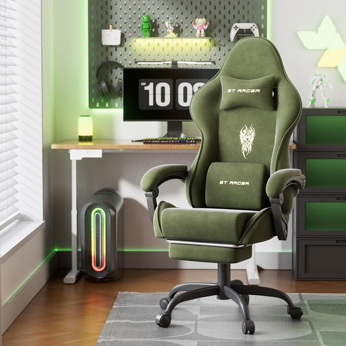 Геймерське крісло Ferghana Ergonomisch LW210: зручне крісло для комп'ютера з підголівником, подушкою для попереку, підлокітниками та підставкою для ніг (Зелений)