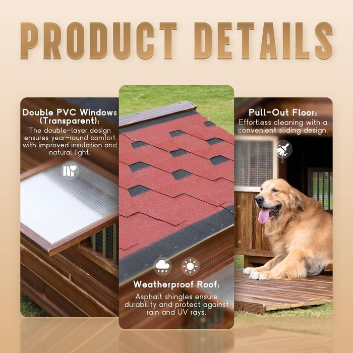 Великий вольєр для собак на вулицю з масивного дерева, тепла собача будка, вольєр з піднятим дном для великих собак, (дерево, 2XL) Дерево 2XL