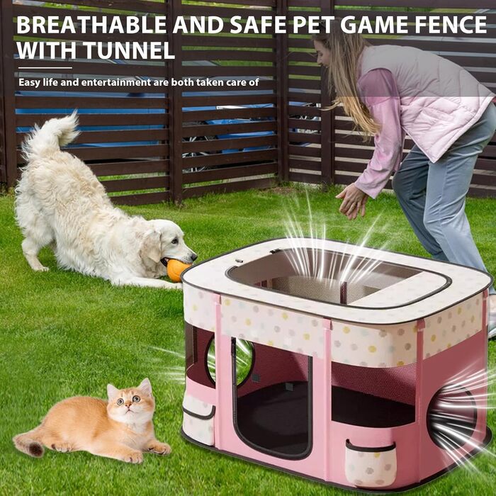 Клітка-забіг для цуценят, сіра, для дому, складна, портативна, прямокутна, для кошенят, цуценят, кроликів (L), рожева, з тунелем