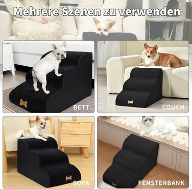 Non-slip Dog Stairs for Small Dogs 2-Step, Pet Stairs for Bed and Sofa made of High-Density Sponge, Dog Stairs Dog Ramp with Removable, Washable Cover and Non-Slip Bottom, 55x40x30cm (3 Steps Black Dog Stairs)