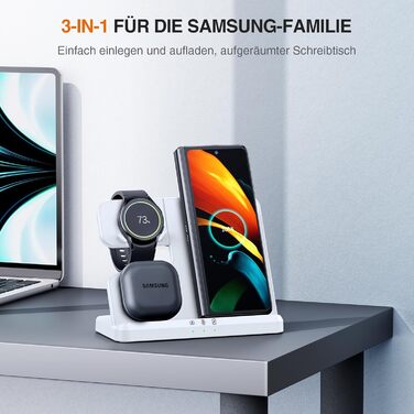 Зарядна станція Induktive 3-в-1 для Samsung Galaxy: Watch, Buds, смартфони (S26 Ultra - S22, Z Flip, Z Fold) - Без адаптера, білий