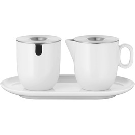WMF Barista Sugar Bowl & Cream/Milk Pitcher Set - 130ml & 170ml - Porcelain with Lids and Saucers - Dishwasher Safe