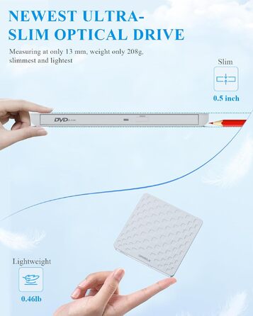 Зовнішній DVD-привід ORIGBELIE: CD/DVD-броннер з 4 USB та 2 TF/SD слотами, ультратонкий оптичний накопичувач для ноутбука, PC, Mac, Windows 11/10/8/7, Linux