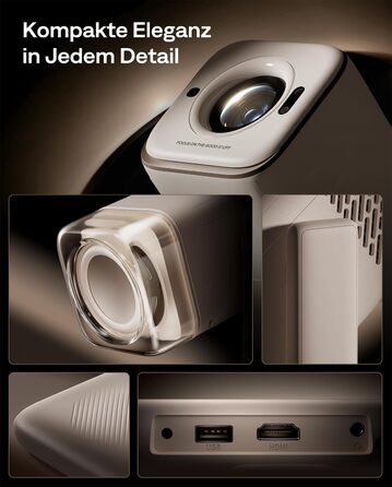 Smart проєктор Aurzen Boom Air Mini Beamer з Google TV та Netflix, 4K, USB-C, Dolby Audio, WiFi, Bluetooth, TOF автофокус, обертовий стійкий, кремовий