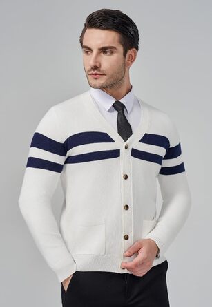 Чоловічий в'язаний кардиган KUYIGO з V-подібним вирізом, ґудзиками, довгим рукавом, легкий, м'який, з вовняної суміші, з кишенями, смугастий (XXL, XXXL, білий/блакитний)