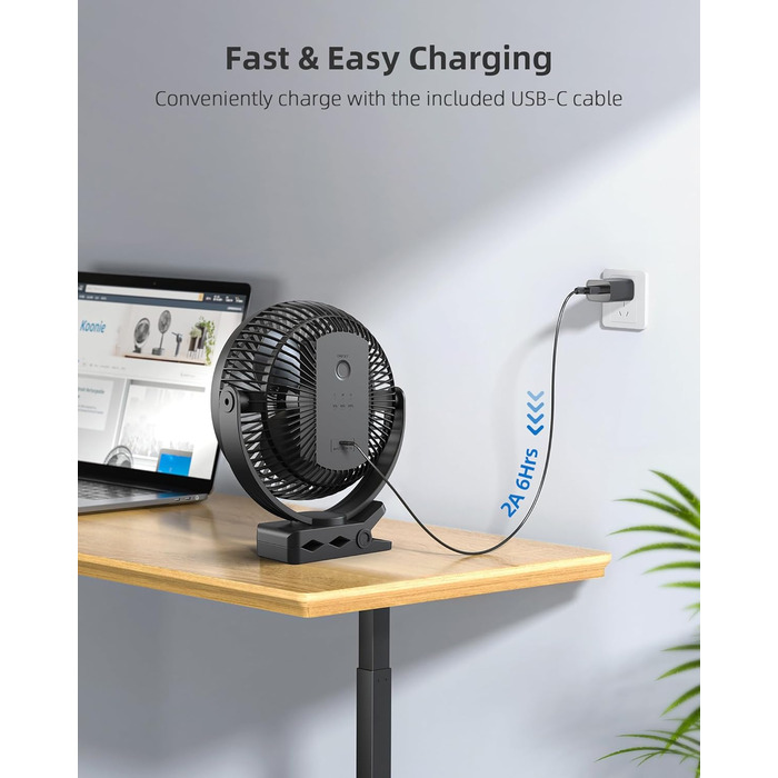 Вентилятор Koonie 10000 mAh з кліпсою, 20 см, портативний, USB, акумулятор, 4 швидкості, 360° оберт, тихий, для дому, офісу, дитячої коляски, кемпінгу, гроу-тенту, чорний