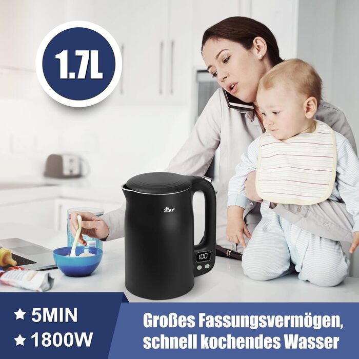 Bear 1.7L Stainless Steel Electric Kettle with Precise Temperature Control (40°C - 100°C), 1800W, Boil-Dry Protection, Double Anti-Scald, BPA-Free, LCD Display