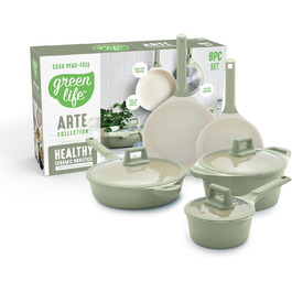 Набір посуду GreenLife 8 предметів з керамічного покриття, індукційний, нетоксичний, без PFAS, каструлі та сковороди, придатний для миття в посудомийній машині, середній, салатовий зелений