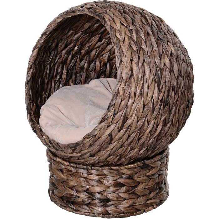 PawHut Rattan Cat Basket Cat Cave Cat House Cat Bed with Cushion Pet Bed Water Hyacinth 42 x 33 x 52 cm (50L x 42W x 60H cm, Coffee)