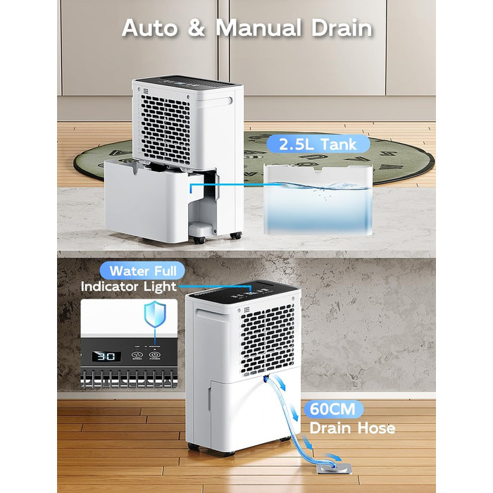 Електричний осушувач повітря 12л/24г з автоматичним та безперервним зливом (шланг у комплекті), для спалень та підвалів, LED-дисплей, тихий з таймером