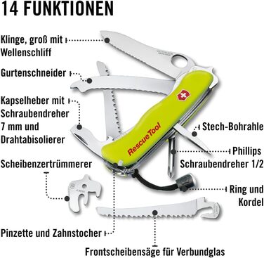 Мультитул Victorinox Rescue Tool MW - рятувальний ніж для пожежників, 13 функцій, лезо з хвилястим лезом, фіксація однією рукою (жовтий)