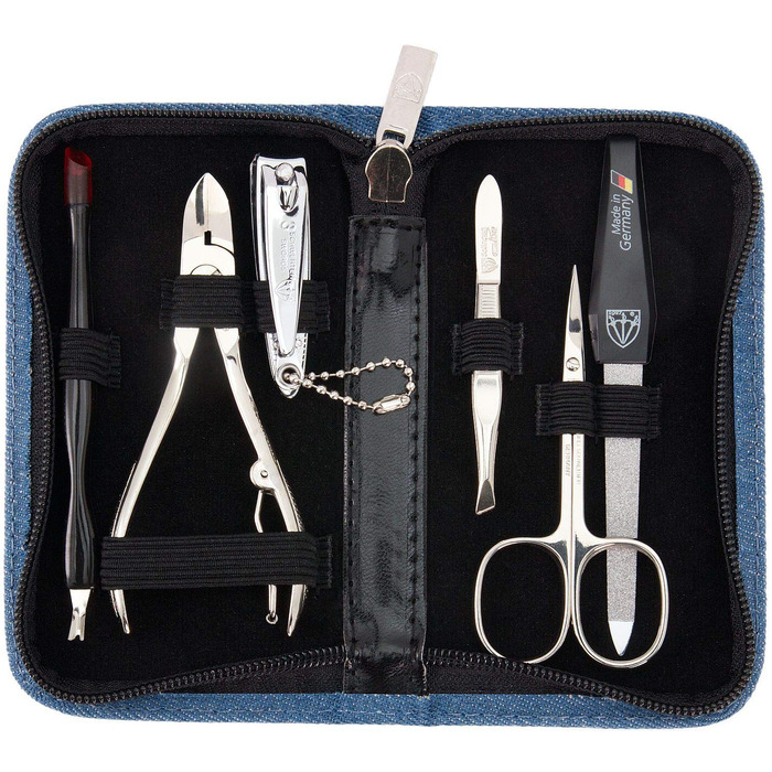 Набір для манікюру DREI SCHWERTER 'Torino' 6 предметів | Німецький манікюрний набір у футлярі з екошкіри | Вміст: ножиці для кутикули, кусачки для нігтів, щипці, пінцет, напільниковий скребок з сапфіру, інструмент для видалення кутикули (BLAU - Джинсовий 