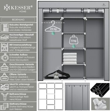 KESSER® Wardrobe Clothes Closet Stable with Clothes Rail & Shelves, Incl. 5x Clothes Hangers, Fabric Folding Closet for Bedroom, Dressing Room Wardrobe with Clothes Rack 150x45x175cm (Grey)