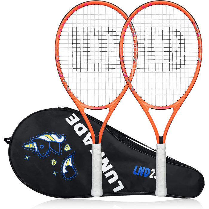 Lunnade Kids Tennis Racket Set - Junior Tennis Racquets for Boys & Girls Ages 3-12 with Cover (Orange, 2-Pack, 25 Inch)