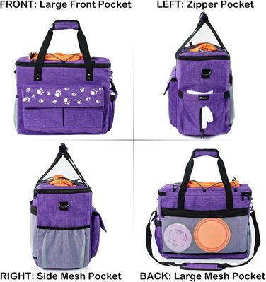 Сумка для собак у подорожі, схвалена авіаперевізниками, з контейнерами для корму та складними мисками (XL), фіолетовий