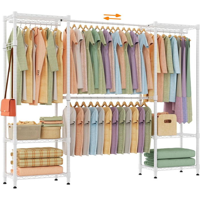 Тeleskopна штанга Himimi для одягу з 4 перекладинами та 6 регульованими полицями, 1 гачок, телескопічна система полиць B (175-230) x H180 см, адаптована для різних приміщень (білий)